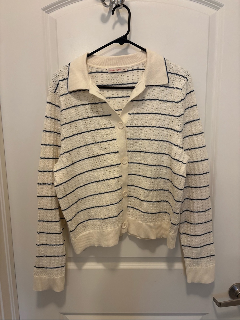 Marine Layer Cream and Navy Striped Collared Cardigan